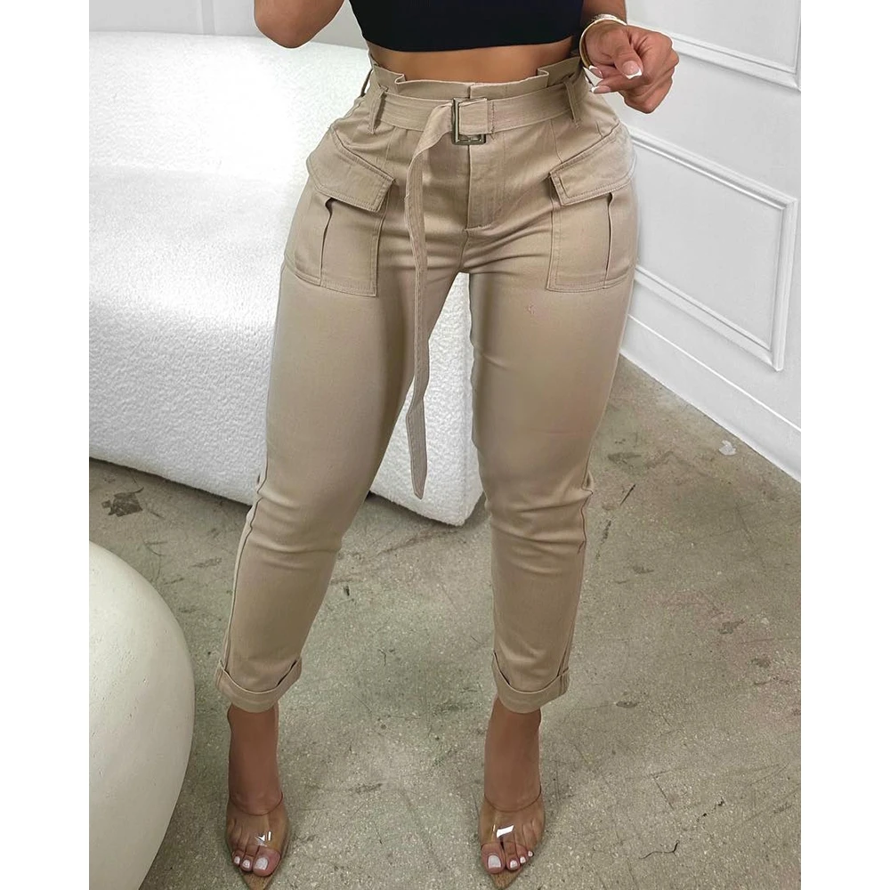 Spring Women High Waist Pocket Design Cargo Pants With Belt 2023 Sexy