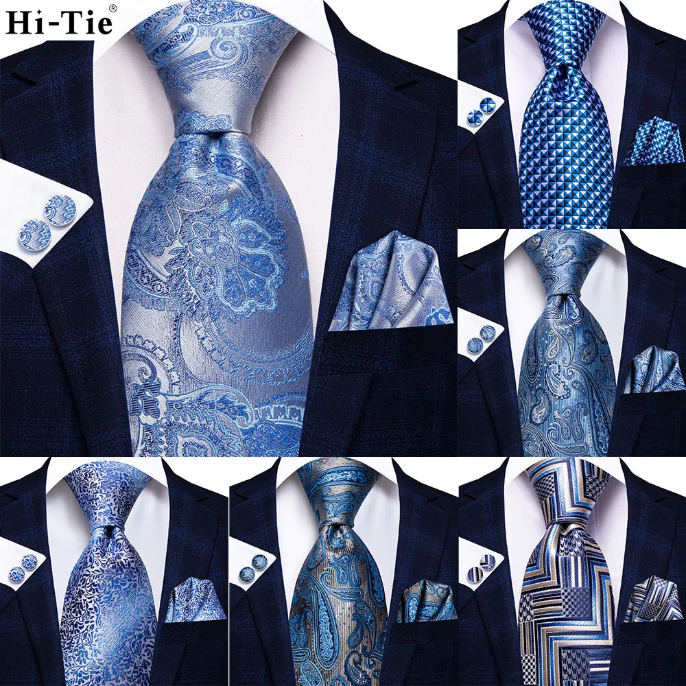 

Fashion Designer Light Blue Floral Paisley Silk Wedding Tie For Men Handky Cufflink Mens Necktie Business Party Dropship Hi-Tie