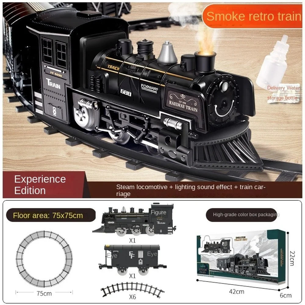 Simulation Steam Train Model Railway Classical Railway Freight Electric Train Track Toy Boy with Smoke Children's Gift