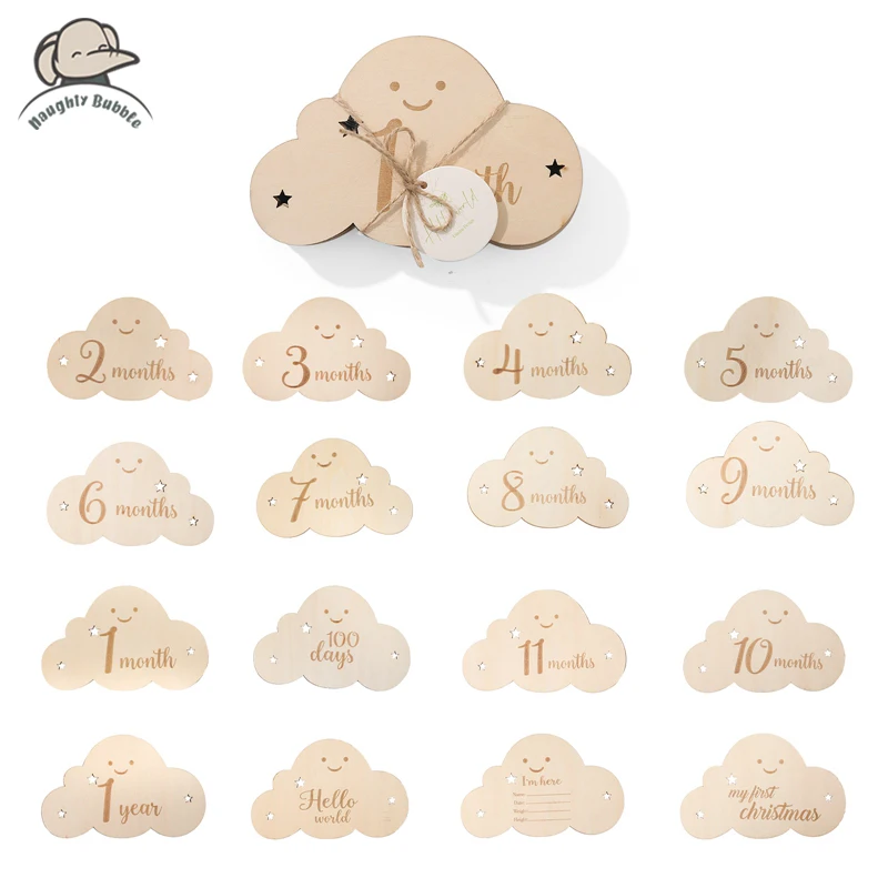 Baby Birth Wooden Cloud Milestone Commemorate Cards Toy Newborn Month Milestone Teether Baby Toddler Photography  Accessories 20pcs wooden baby month milestone card newborn birth month birthday milestone wooden diy toy baby kids photography props gift