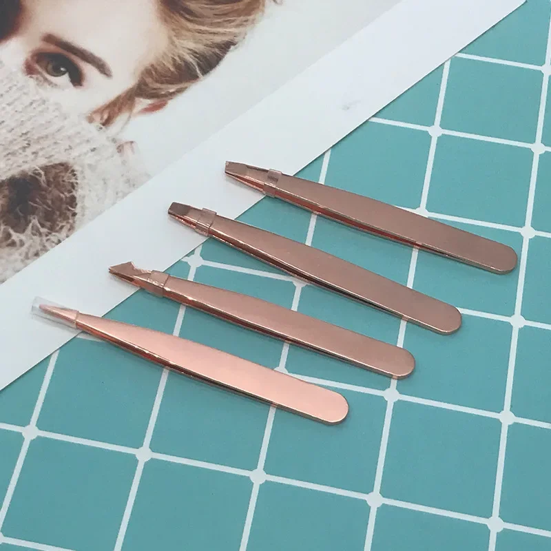 4pcs Professional Slanted Stainless Steel Eyebrow Tweezers Point Slant Flat Tip Hair Removal Eyebrow Pinch Forceps Makeup Tool