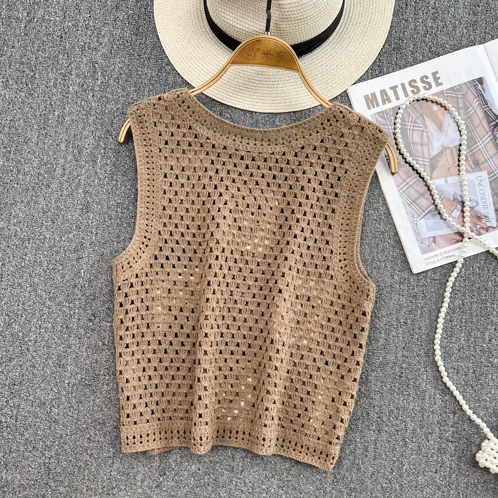 Chic Hollow Crochet Sleeveless Tank Top Boho Sweet Print Sexy
