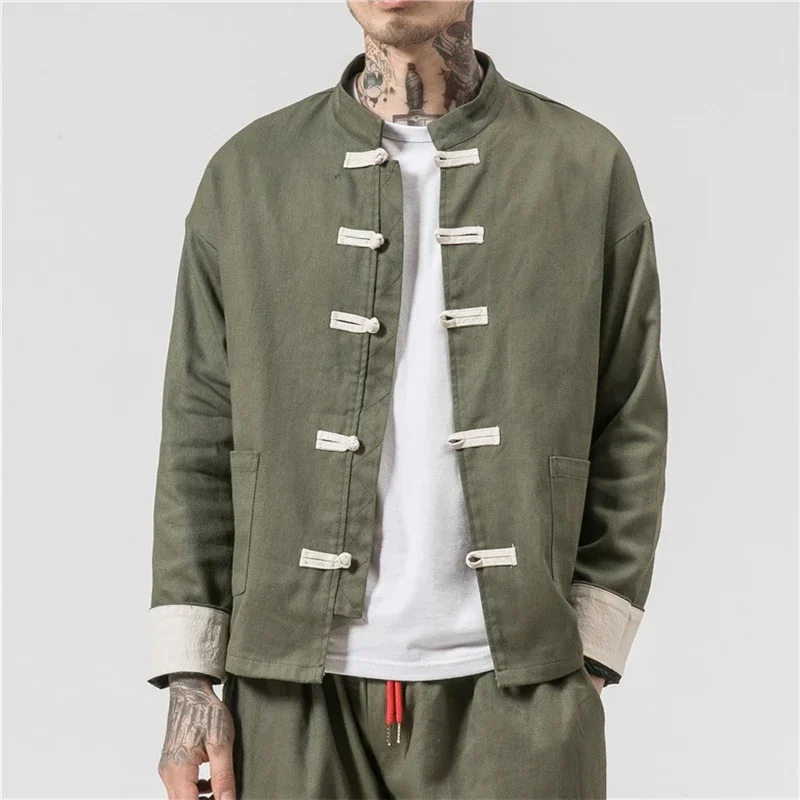 Chinese Traditional Retro Coat Man Autmn Long Sleeve Tang Suit Mandarin Collar Buckle Jacket Oriental Cotton Kung Fu Shirt