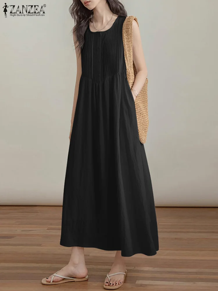 

ZANZEA Summer Solid Sleeveless Pleated Vestidos Korean Fashion Loose Holiday Sundress 2024 Long Dress Casual Beach Tank Dresses