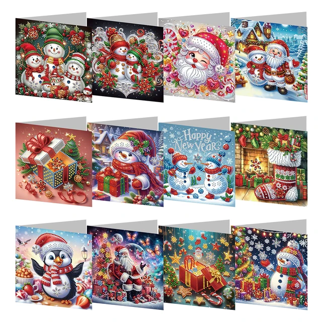 Cartes de vministériels x et de vministériels x en biscuits 5D pliées, peinture au diamant faite à la main, carte de festival de Noël, carte d'anniversaire, arts, 12 pièces, 4 pièces 1