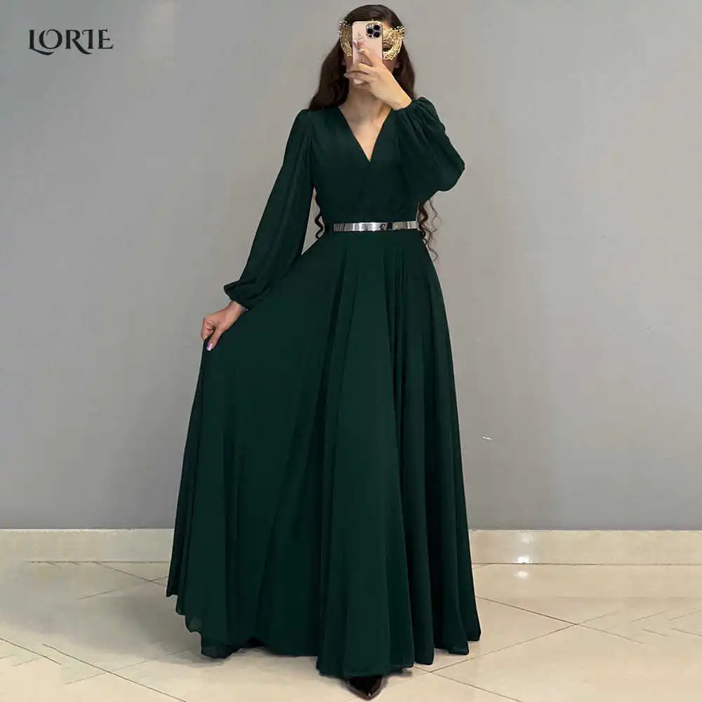 

LORIE Deep Green Formal Prom Dresses Arabia V-Neck A-Line Evening Gowns Lantern Sleeves Dubai Belt Mono Celebrity Party Dress