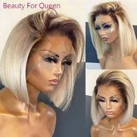 Perruque Bob Lace Front Wig sans colle naturelle, cheveux courts lisses, blond ombré, 13x6, racines foncées, densité 180%, pour femmes 2