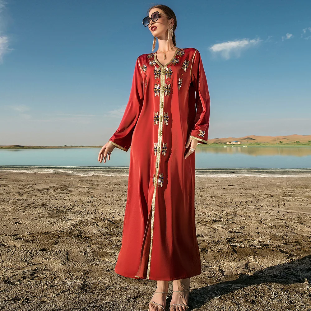 Burning Oange Luruxy Hand-Sewn Diamond Beading Abaya Dress for Women Arab Dubai Turkey Moroccan Caftan Eid Party Clothes 2022 african style clothing
