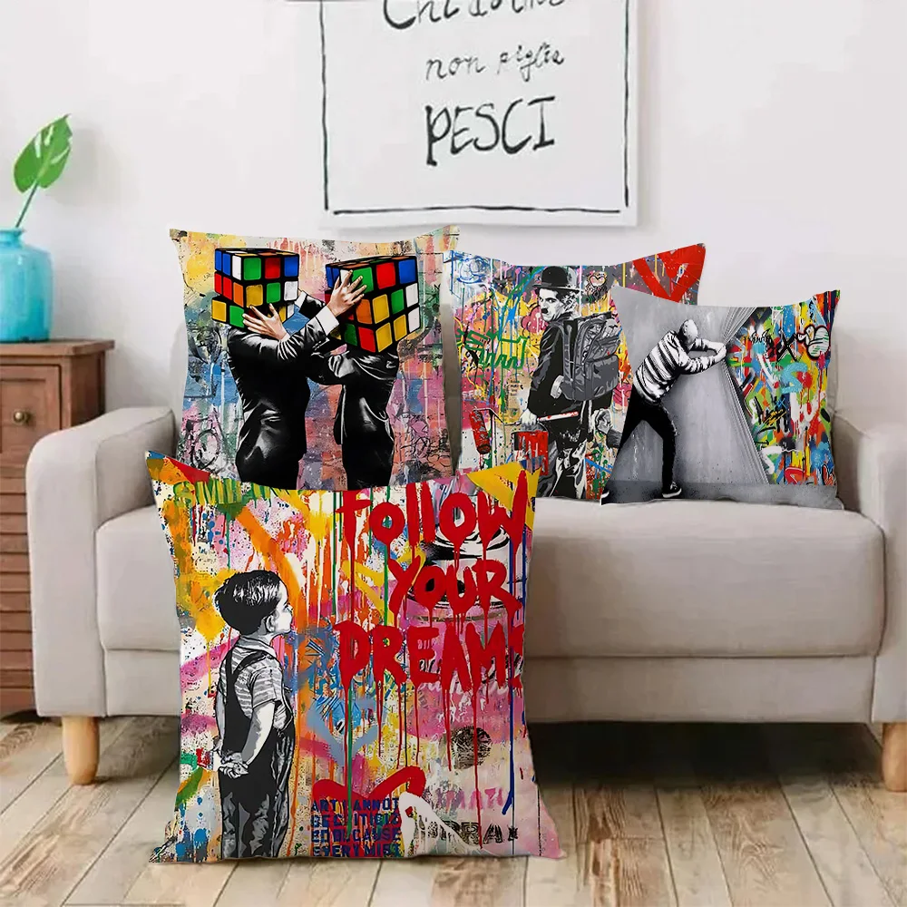 Banksy Street Graffiti Art Pillow Covers Cartoon Sofa Decorative Home Double-sided Printing Short Plush Cute Cushion Cover 2