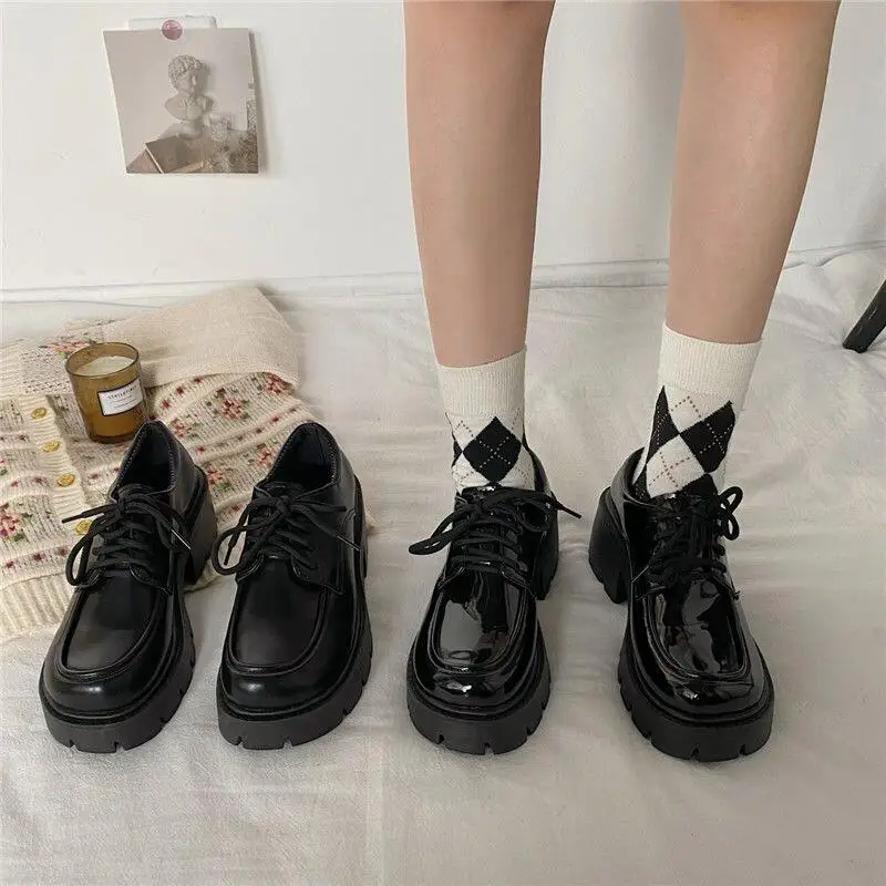 

Women's Leather Shoes Black Retro Mary Jane Waterproof Platform Low Heel Female British Style Female Comfortable Uniform Shoe