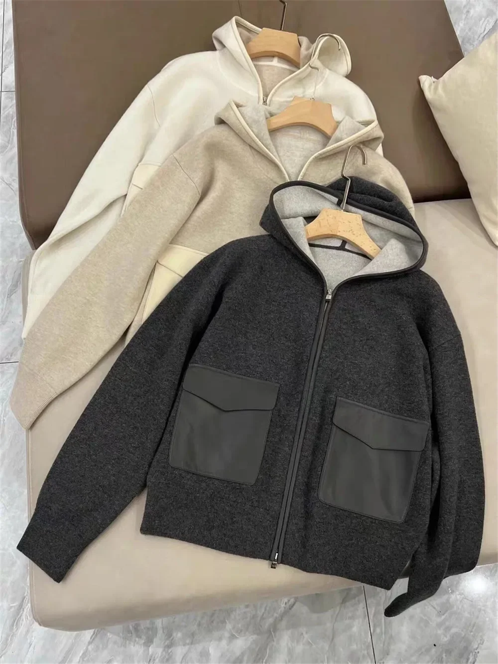 

L/P Italian brand 2023 New luxury design Women Casual Cashmere Hooded Cardigans warm Sweater Patchwork Pocket Knitted Jacket