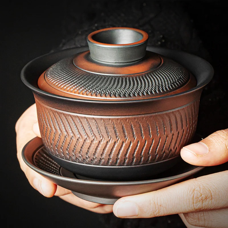 Purple Pottery Vintage Gaiwan Ceramic Jump Knife Process Tea Tureen Pigmented Kung Fu Drinkware