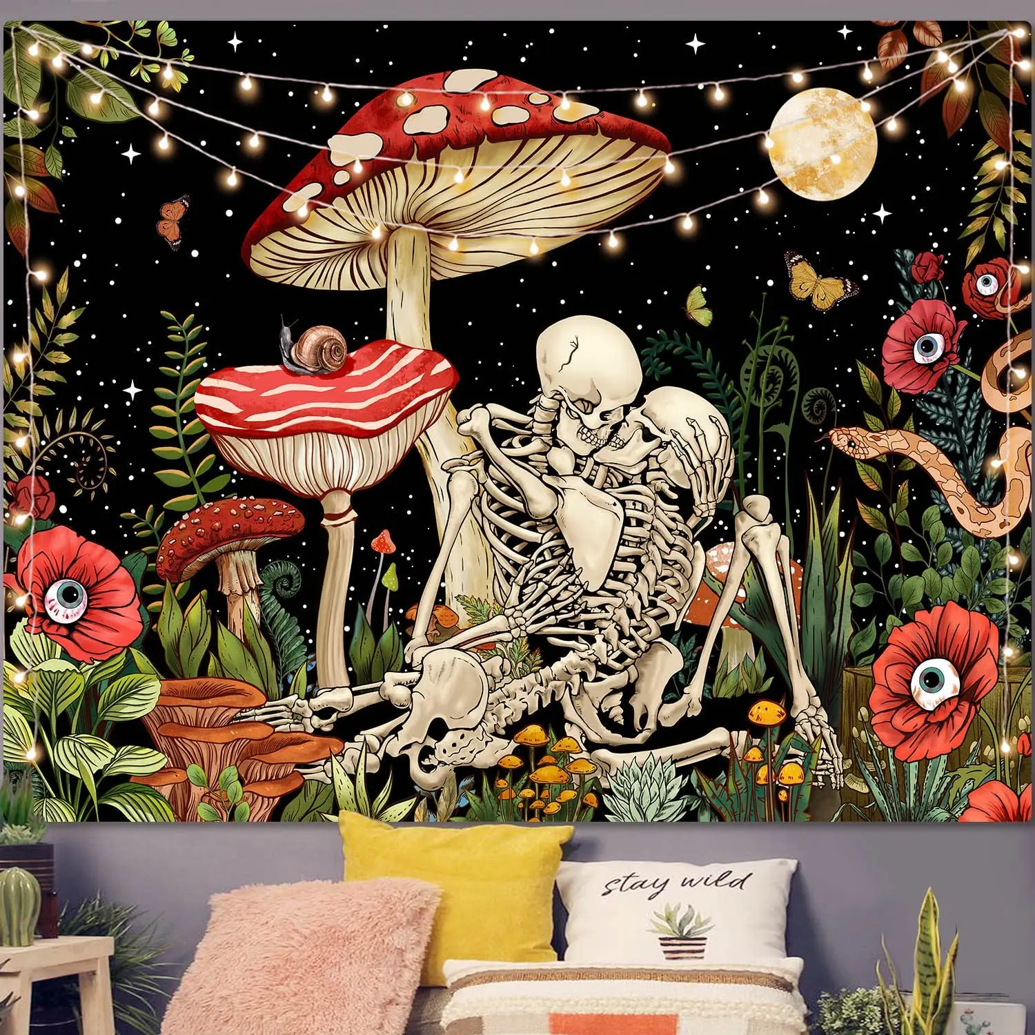 Mushroom Skull Tapestry Wall Hanging Skeleton Floral Tapestries Aesthetic Room Decor Trippy Plant Nature Art Bedroom Decoration tapestry decor