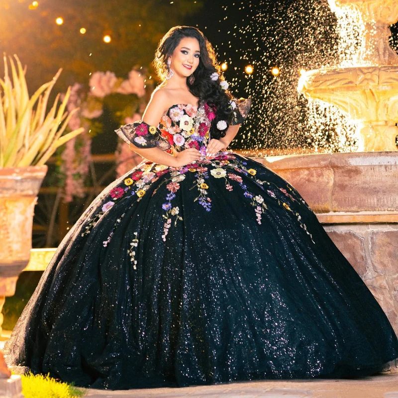 

Black Glitter Sequined Ball Gown Quinceanera Dresses Off The Shoulder Applique Lace Corset Sweet 16 Dress Vestidos De 15 Años