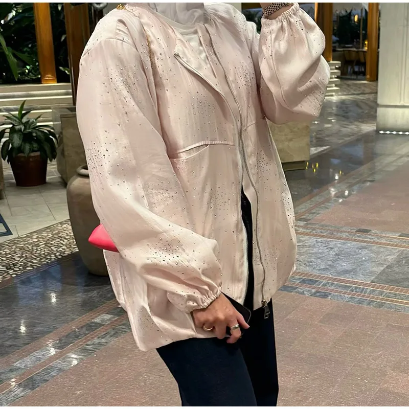 Shiny Diamond Damenjacken Vintage O-Ausschnitt Reißverschluss Puffärmel Patchwork Jacke Dame 2025, Herbst Winter, neue Mode, Streetwears – Detail 15