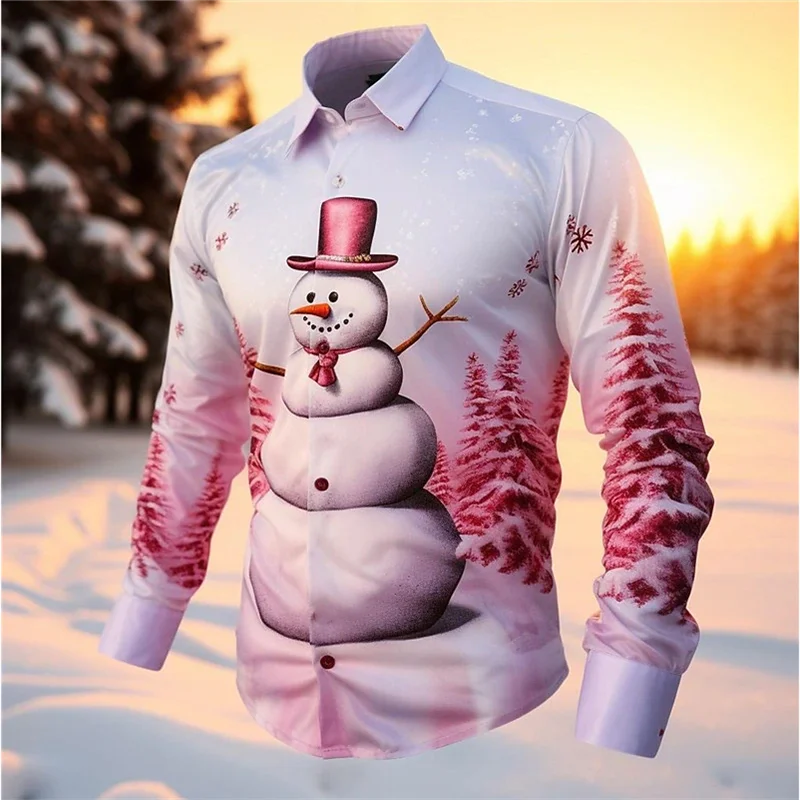 Snowman Casual Men's shirt Daily out Autumn and Winter cuffed long-sleeved black, pink, dark navy blue shirt Christmas