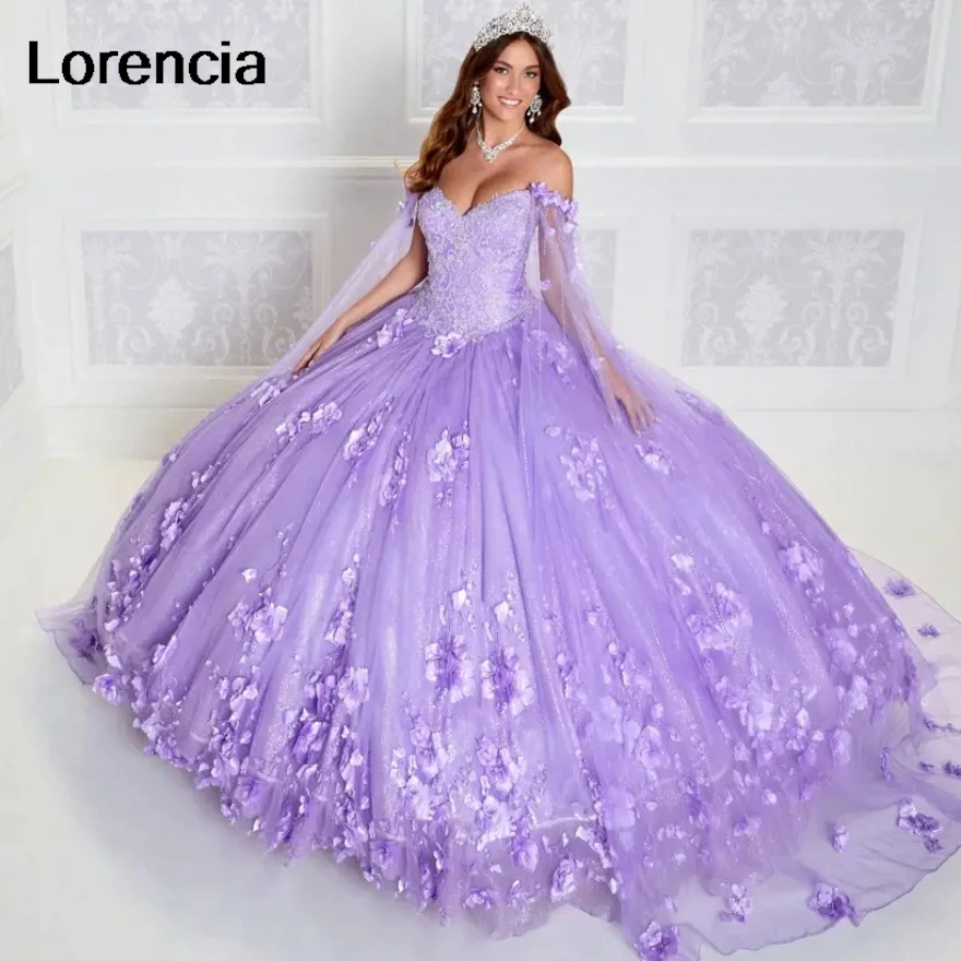 

Lorencia Lavender Quinceanera Dress Hand Made 3D Flower Applique Beaded With Cape Ball Gown Sweet 16 Vestidos De 15 Años YQD715