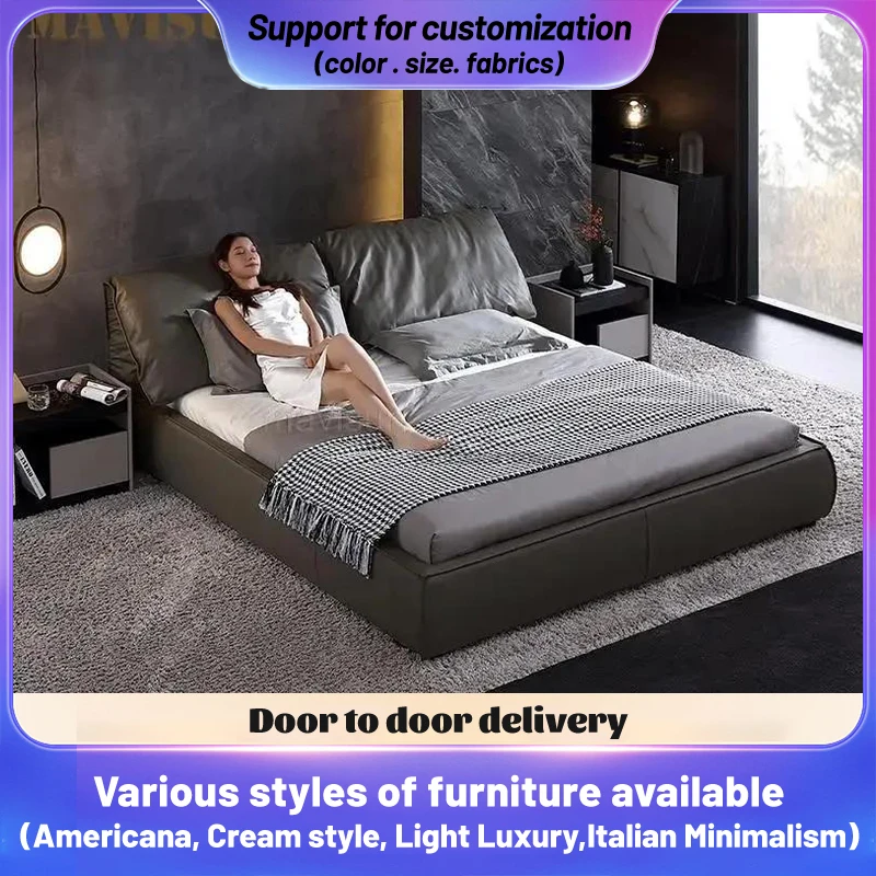 Leather bed wooden bed American minimalist for master bedroom wedding