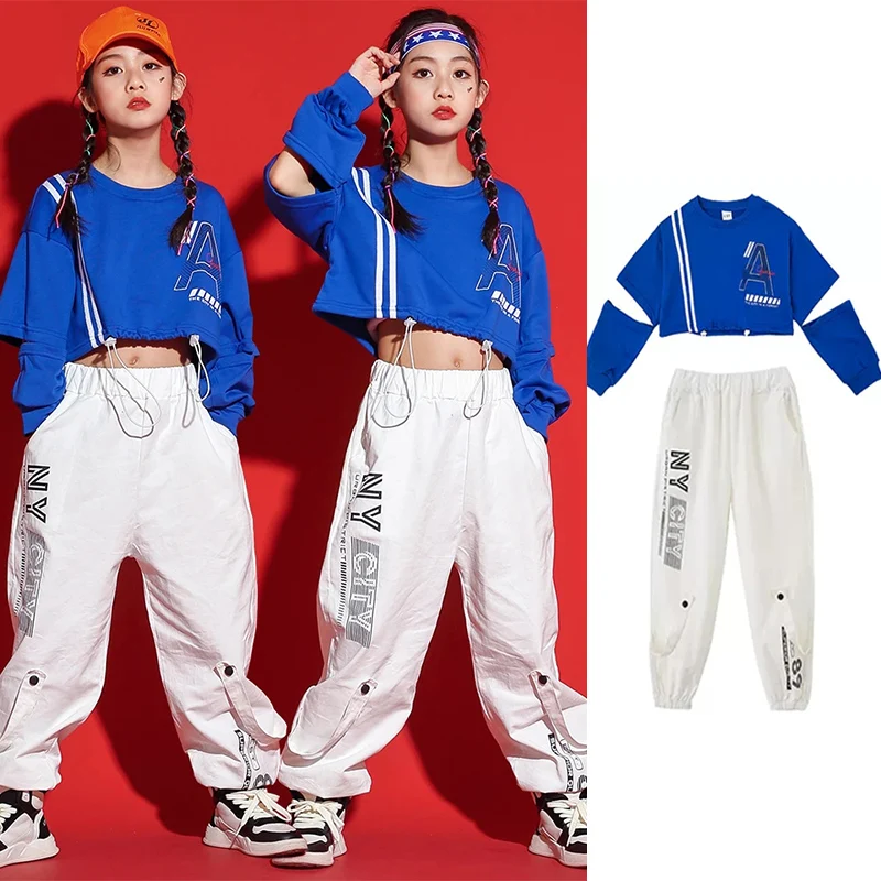 

Girls Street Dance Costume Loose Hip Hop Dancewear Kpop Outfit Jazz Dancing Clothes Tracksuit Blue Tops White Pants YS2478