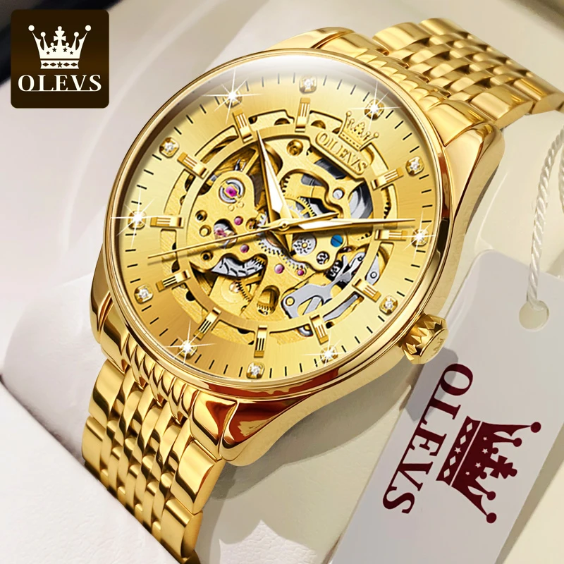 Olevs-relógio de Pulso Mecânico Automático Automático do Esqueleto do Ouro dos Homens Aço Inoxidável Impermeável Relógios Luminosos do Negócio