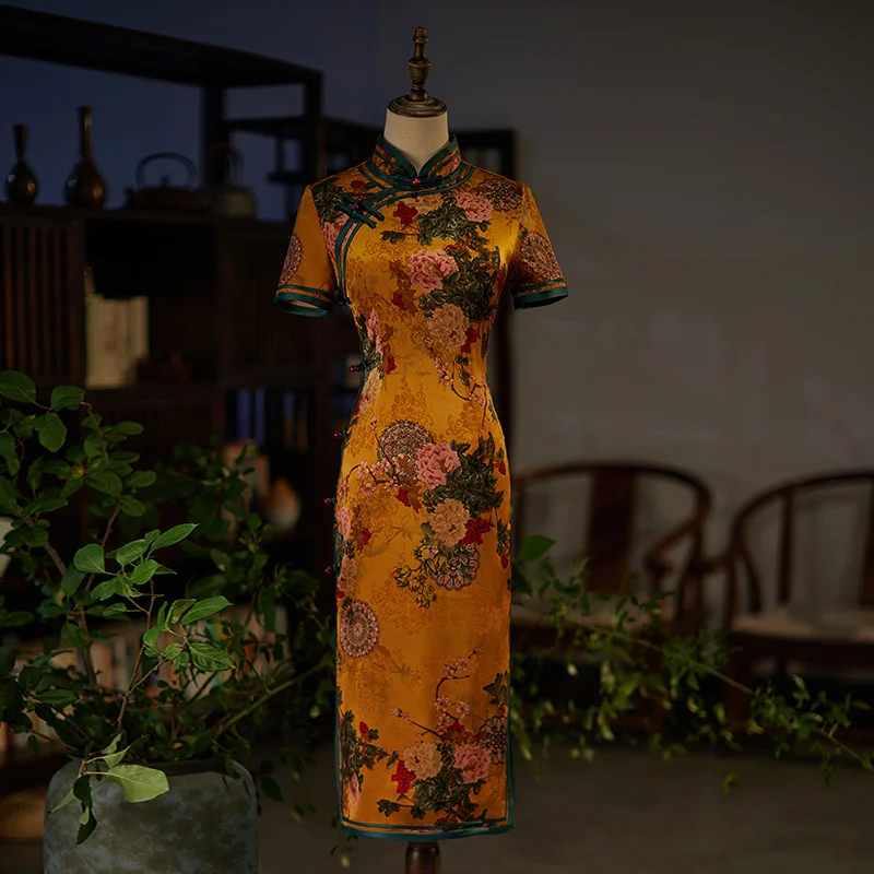 

Summer Elegant Women Short Sleeve Flower Printed Jacquard Satin Chinese Cheongsam Side Eight Buckles Qipao Dresses