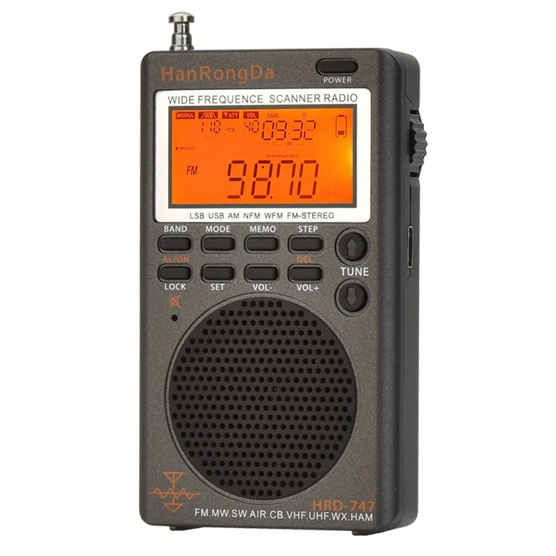 HRD-747 портативный FM/MW/SW/AIR/CB Полнодиапазонный ЖК-дисплей с цифровым дисплеем и