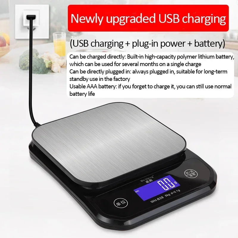 Waterproof Stainless Steel Digital Kitchen Scale with USB Charging and LCD Display