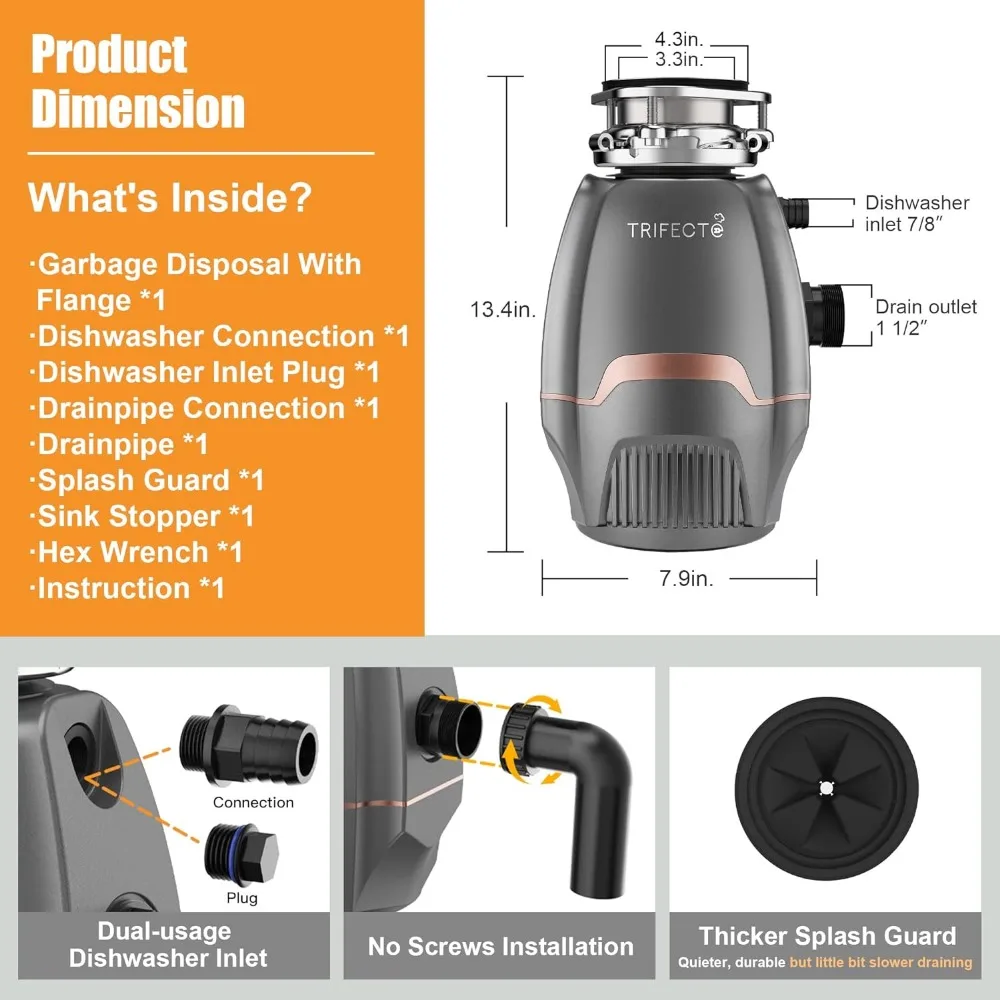 3/4 HP Garbage Disposals with Sound Reduction,Food Waste Coutinuous Feed Garbage Disposal with Power Cord 4