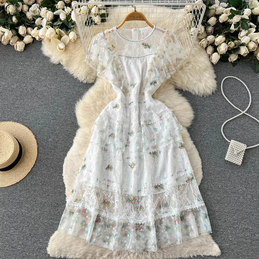 

Summer Women's Chic Floral Lace Stitched A-line Dress New Fashion Round Neck Elegant Ruffle Vestidos De Verano Mujer 2022 F701