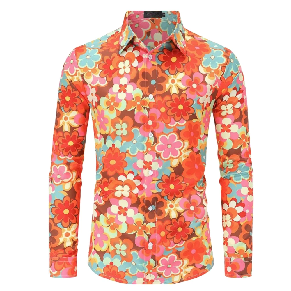 Camisa de manga larga con estampado para hombre, estilo étnico, disco, hip hop, informal, de los años 70, con botones, estilo social, con estampado floral de cachemira, estilo vintage