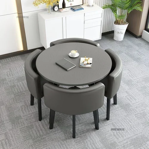 Conjunto de mesas de jantar redondas nórdicas, móveis para sala de jantar, cozinha, conjunto de mesa de jantar com 4 cadeiras, luz para casa, mesas centrais de luxo 27