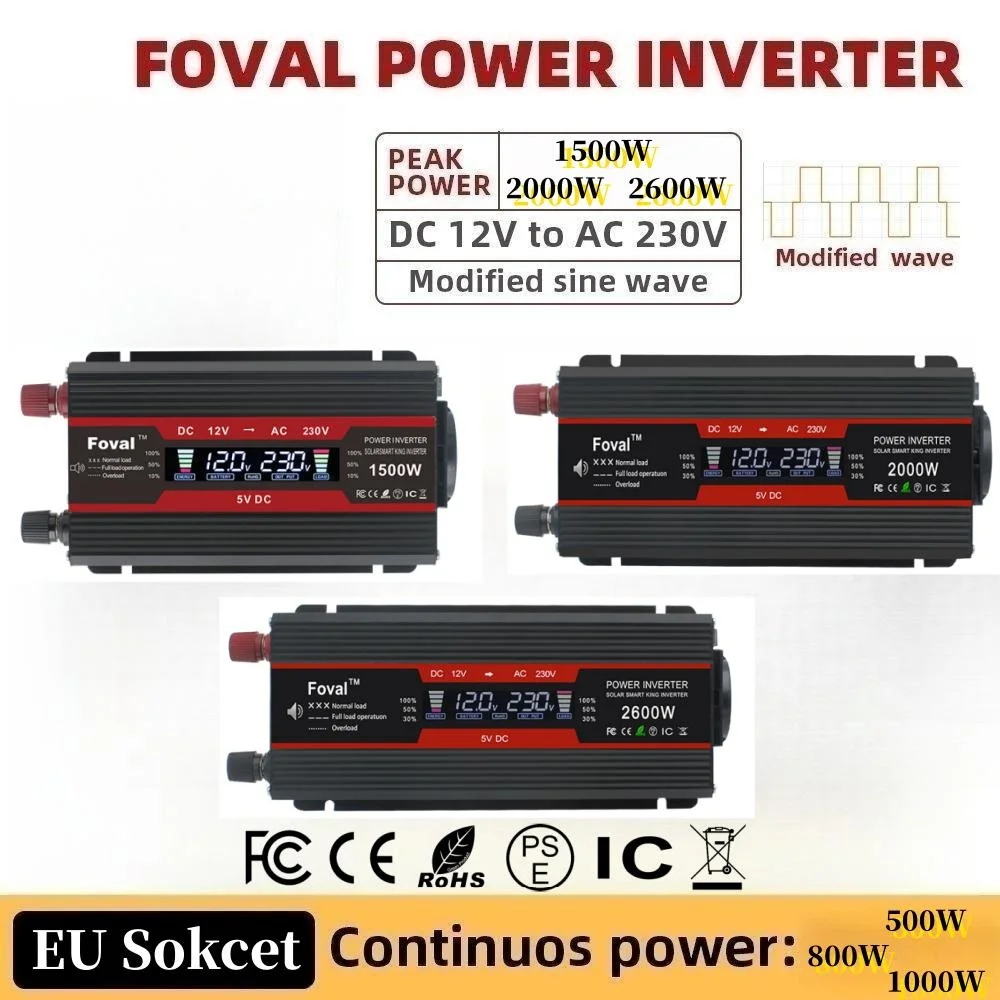

DC 12V to AC 220V 230V 1500W/2000W/2600W Portable Car Charger Converter Transformer Vehicle Supply 230V EU Socket Power Inverter