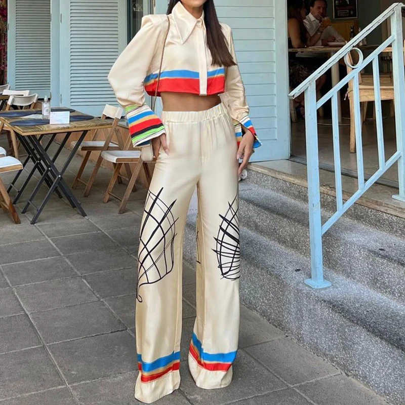 

Women Lapel Button Short Tops and High Waist Pants Outfit Spring Pattern Print Two Piece Set Autumn Long Sleeve Satin Suit Mujer