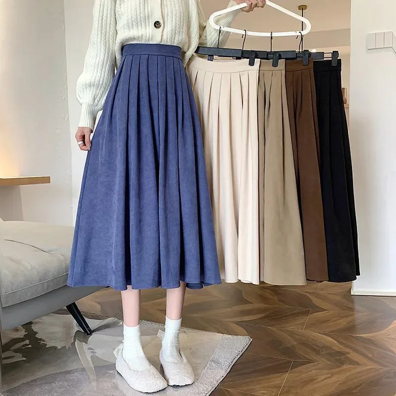 

Preppy Style Pleated Skirt for Women Autumn Winter High Waist Long Skirts Woman Korean Solid Color A Line Skirts Female