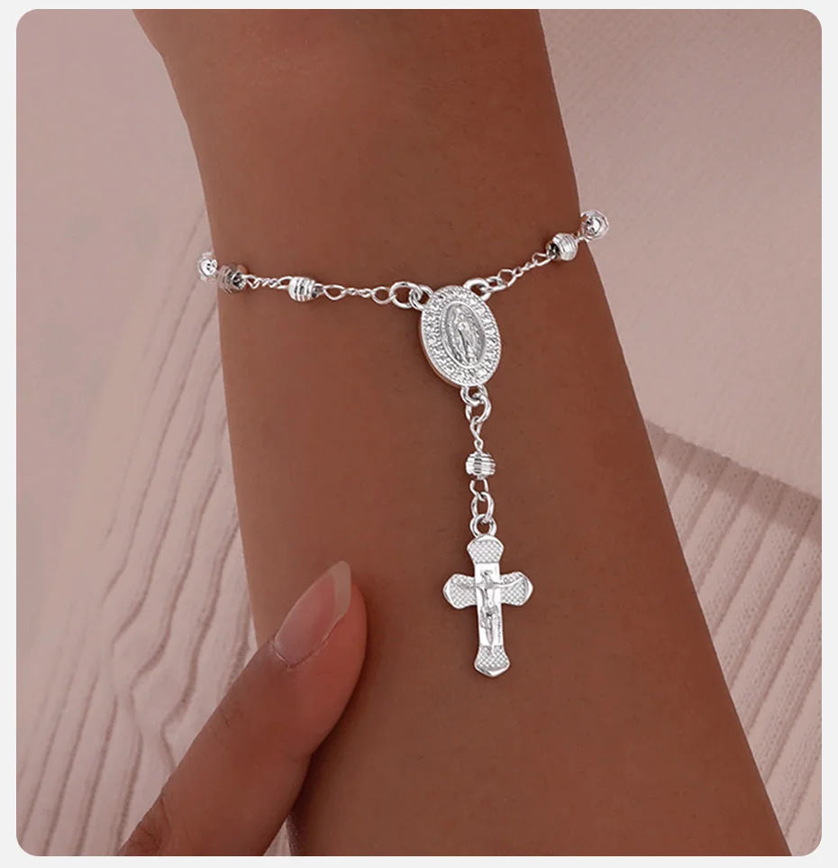 Vnox Jungfrau Maria Armbänder für Frauen, weiß vergoldetes Jesus Christus Charm Kreuz Anhänger Armband, Religon Glaube Kirche Schmuck – Detail 4