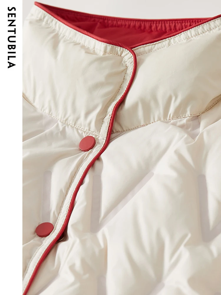 SENTUBILA Crop Down Jacket Winter for Women 2023 Elegant 90% White Duck Down Coat Stand Collar Reversible Wear Outwear W34Y49563
