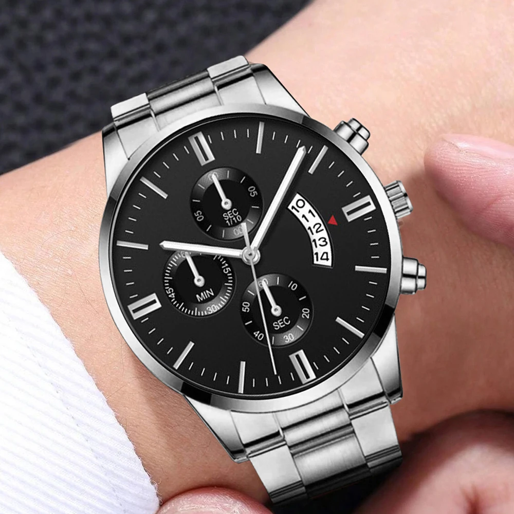 3Pcs Mens Fashion Business Quartz Watch Fashion Three Eye Calendar Men Watch Necklace Bracelet Stainless Steel WristWatch Gift 3