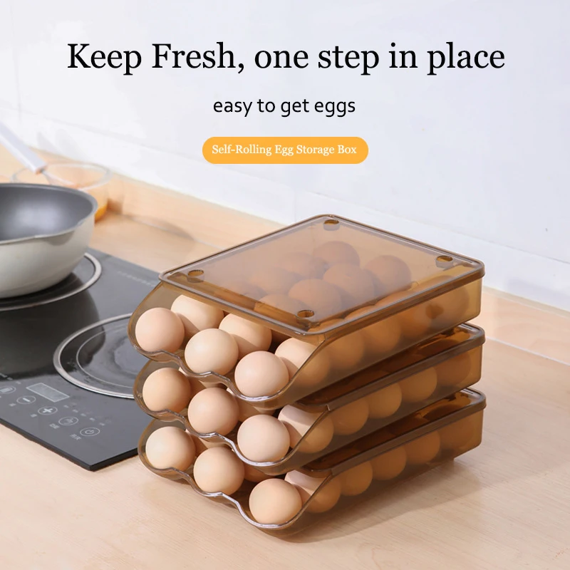 Egg Storage Box Self-Rolling 1/2/3Layer Egg Crisper Stackable Storage Kitchen Refrigerator Eggs Organizer Drawer-type