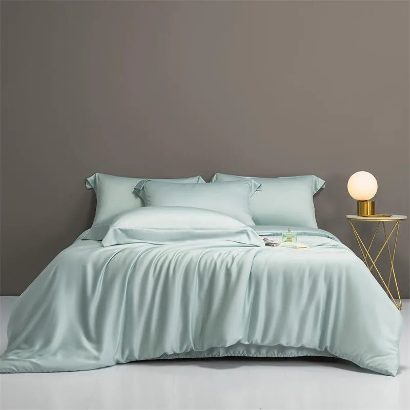 Solid Plain Color 600TC Eucalyptus Lyocell Duvet Cover Fitted Sheet Pillowcases Skin Touch Silky Soft Breathable Smooth Cooling 2