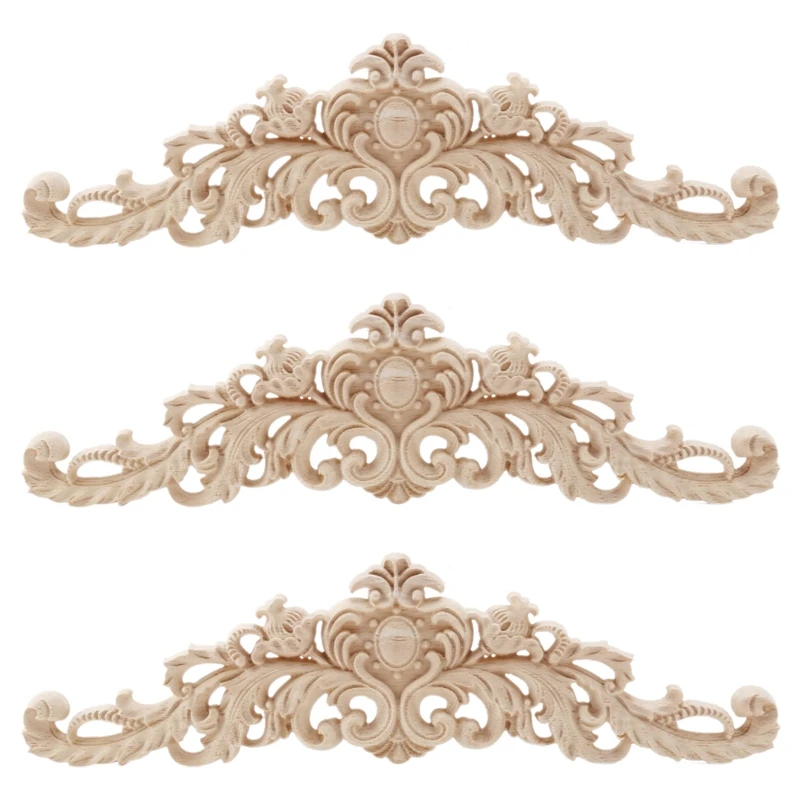 

3X Carving Natural Wood Appliques For Furniture Cabinet Unpainted Wooden Mouldings Decal Vintage Home Decor Decorative