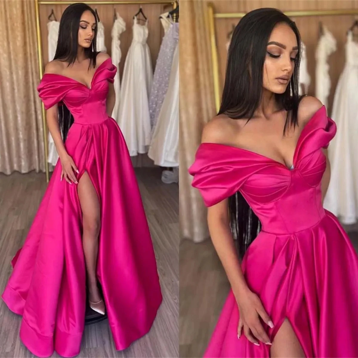 Pleats Prom Gown Satin Side Slit Evening Dress Off Shoulder Party Prom Dresses Women women prom dresses