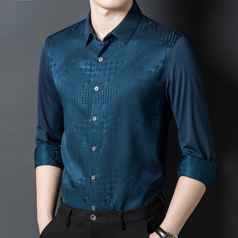 

мужские High quality %Silk Men Clothing Male рубашки Social Printing s Non-iron Luxury Long Sleeve Shirts