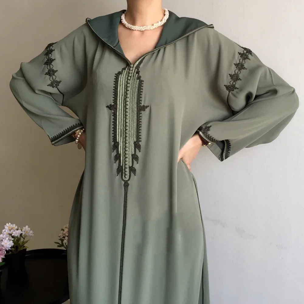 Abaya For Women Dubai Middle East Arab Hooded Jellaba Ramadan Eid Loose Women Robe Green Long Sleeves V-neck Women Clothing