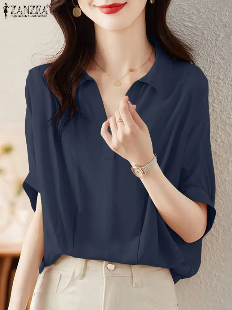 

Elegant Women Fashion Solid Loose Shirt ZANZEA Casual OL Work Tops Tunic Female Party Blusa Summer Lapel Neck Half Sleeve Blouse