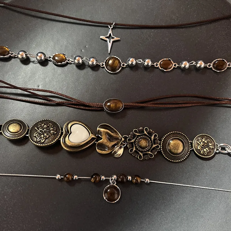 Vintage Leather Brown Stone Pendant Necklace