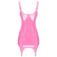 Womens Shiny Metallic PVC Leather V-Neck Mini Dress Chemise Wet Look Night Club Bodycon Babydoll Clubwear with Garter Belt - Image 2