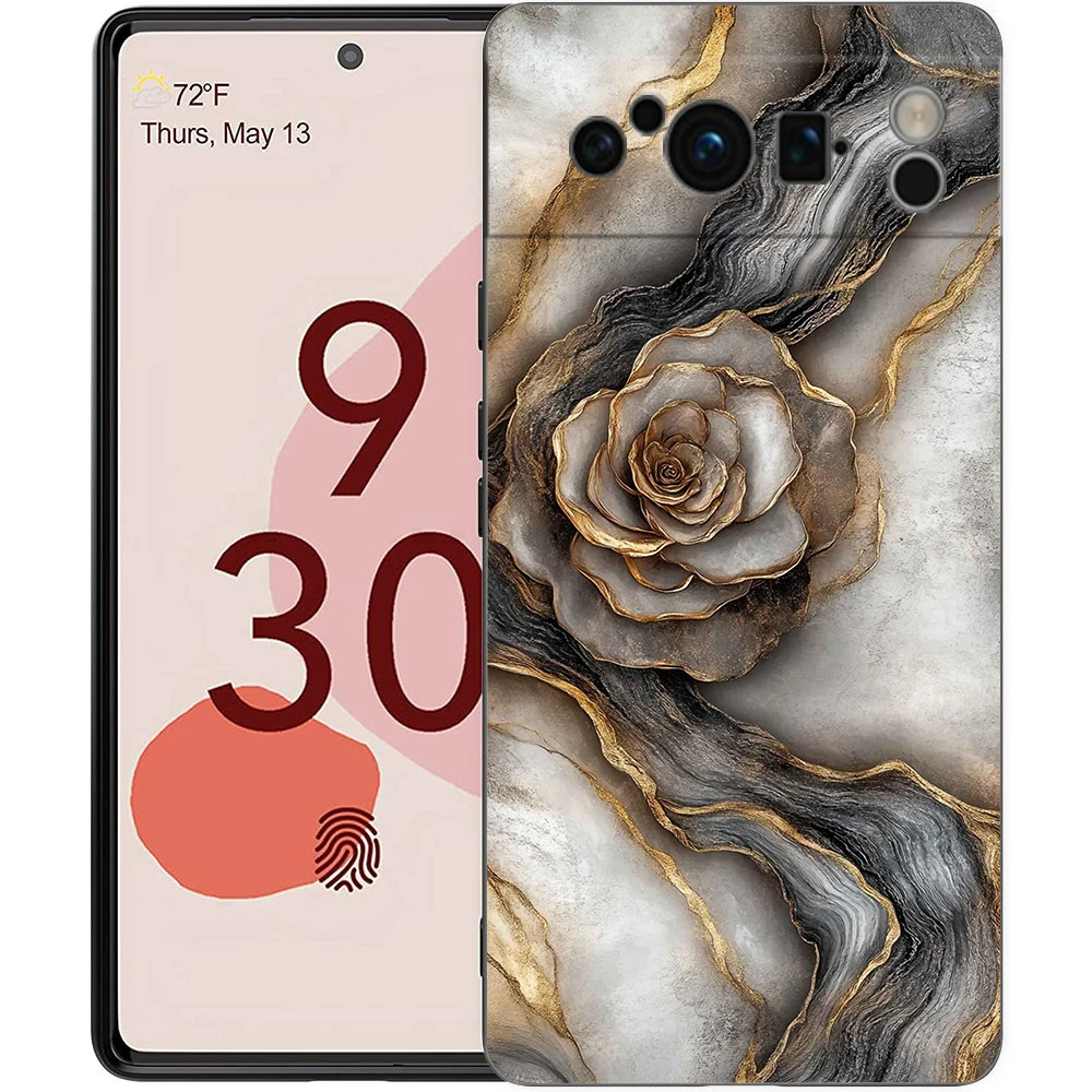 Elegant Flower Marble Design Shockproof Phone Case - Soft TPU Black Cover