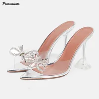 Big size 35-45 Rhinestones Bowknot Transparent PVC Women Slippers Elegant High heels Summer Shoes Sandals Fashion  Mules Slides
