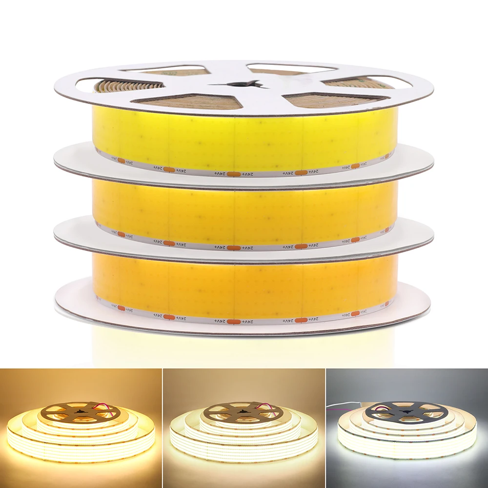 1600 LED COB LED 스트립 DC 12V 24V 5열 2핀 와이어 3000K 4000K 6000K 플렉시블 램프 0.5m 1m 2m 3m 4m 5m 가정용 조명