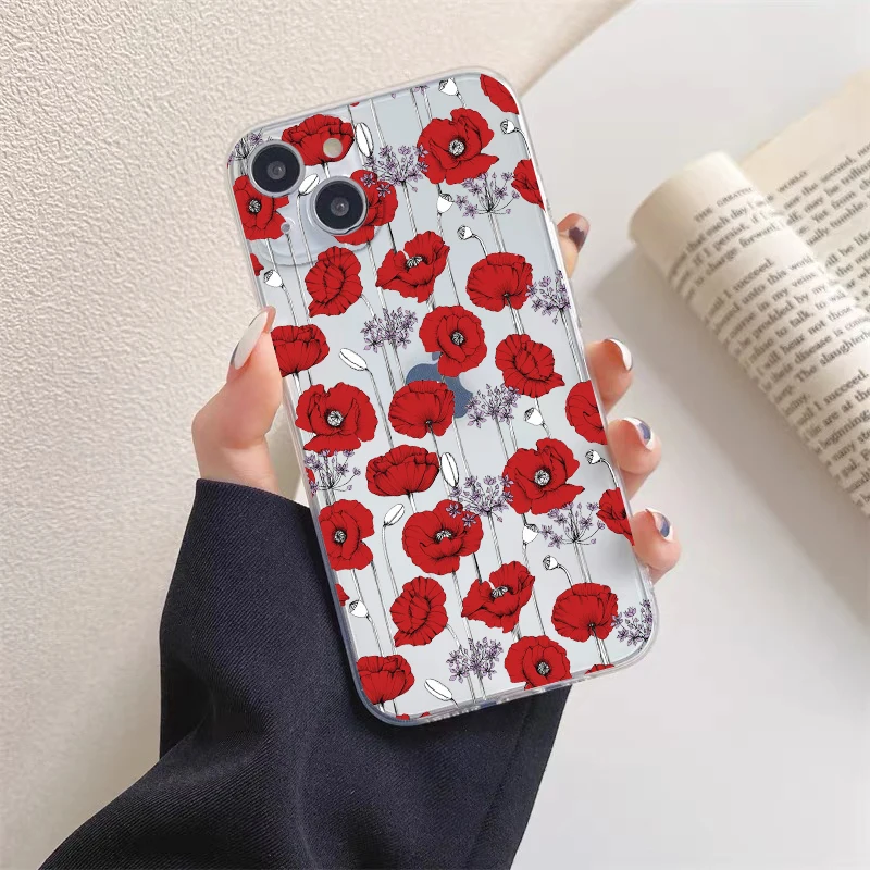 Poppy Flower Bloom Hot Red Clear Case für iPhone 12 13 Pro Max Mini 11 14 Pro Max XS X XR SE 2020 7 8 Plus transparente Abdeckungen – Detail 2